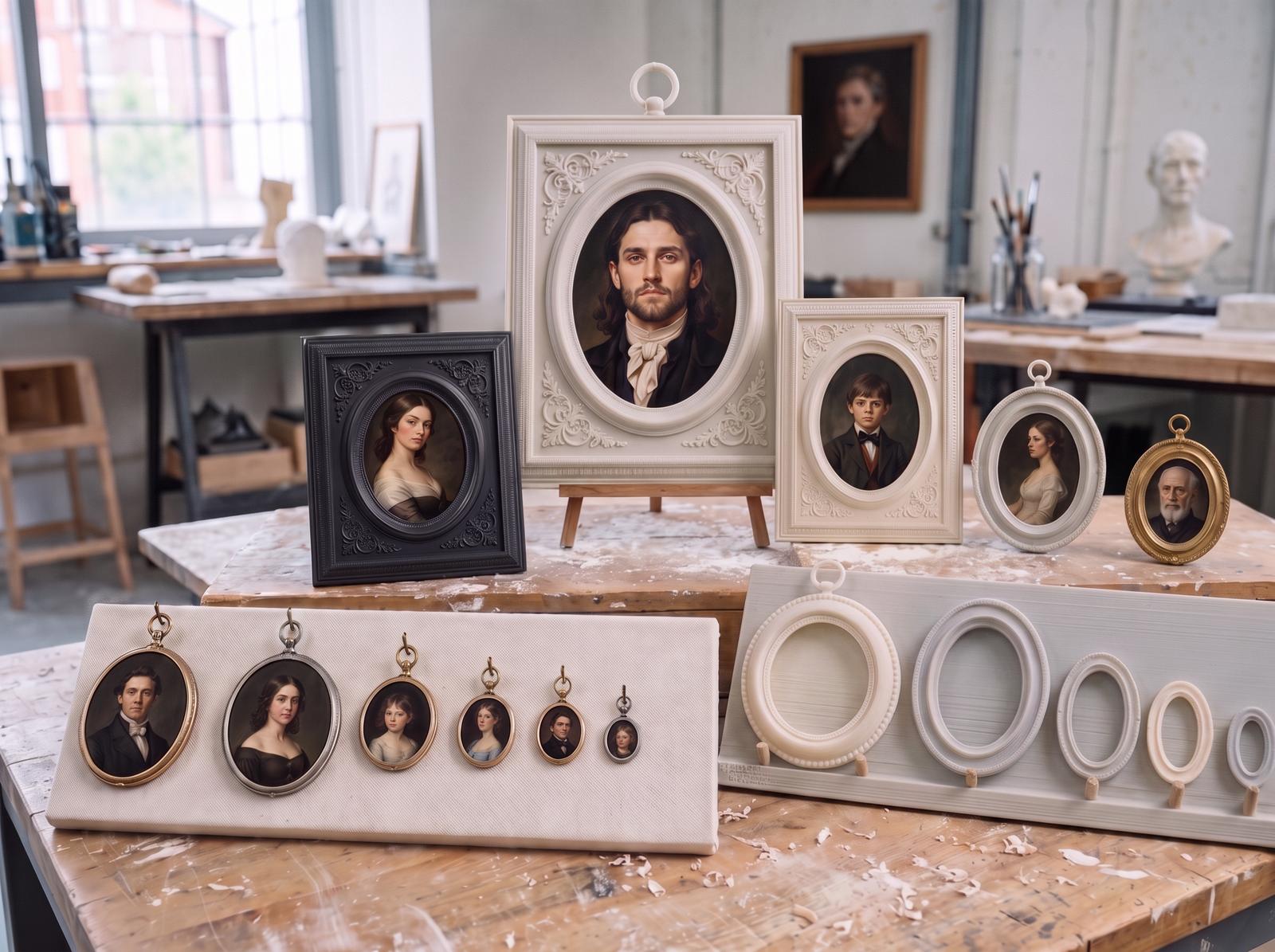 Framed portraits and medallion miniatures on their display boards, with empty oval frames