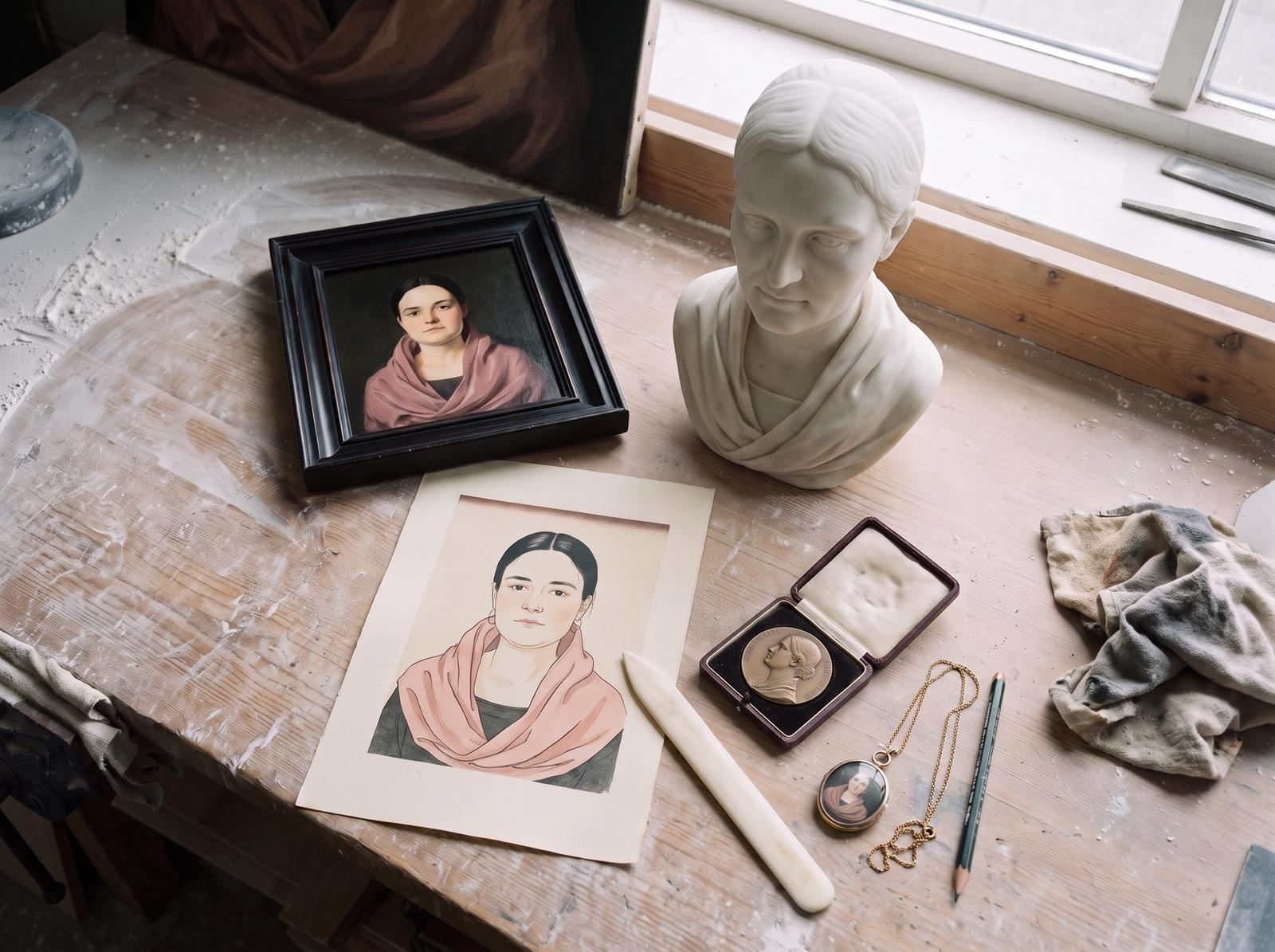 The same portrait as a framed oil, a marble bust, a print, a medal and a medallion on a chain, on the workbench