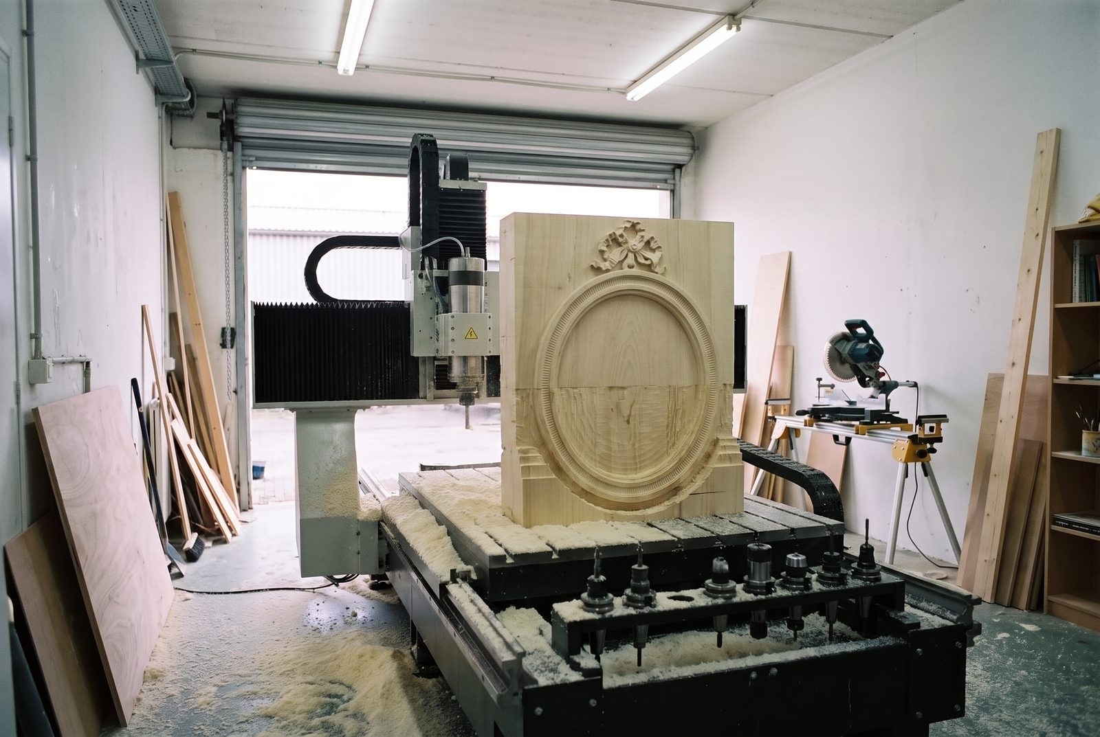 A frame carved in wood, standing on the milling machine