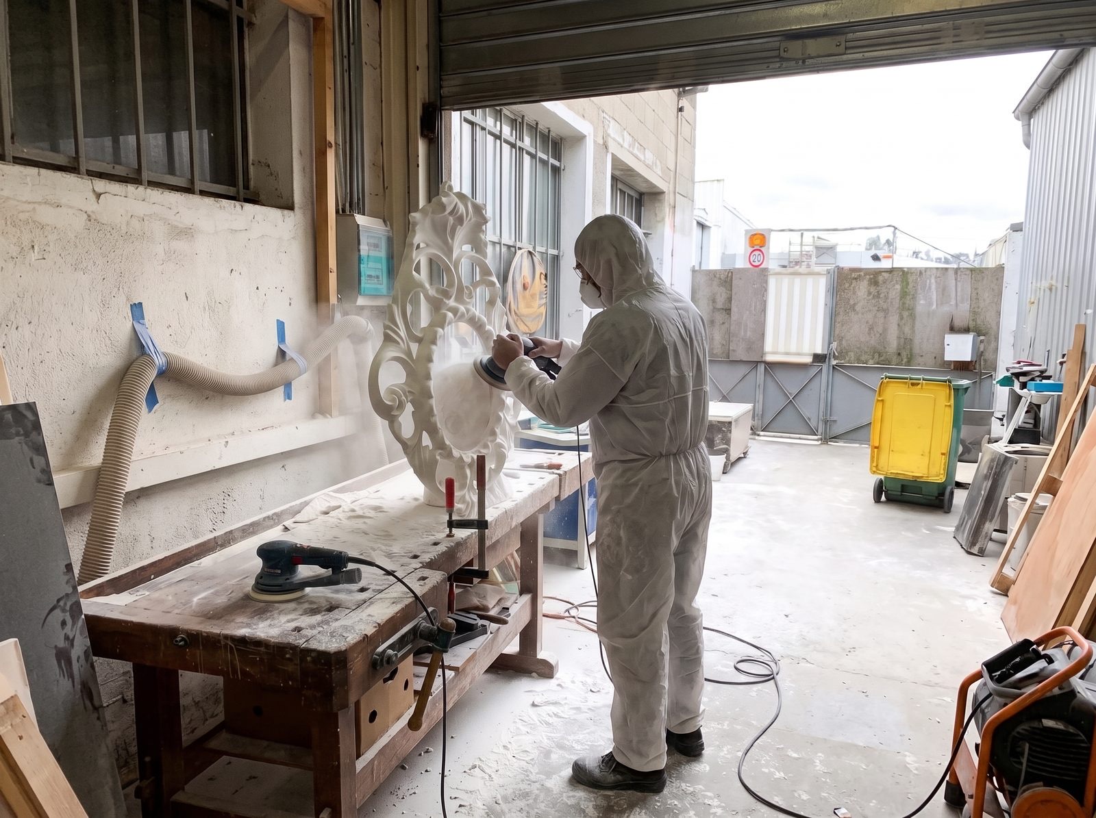 A baroque frame being sanded by hand, outside the workshop