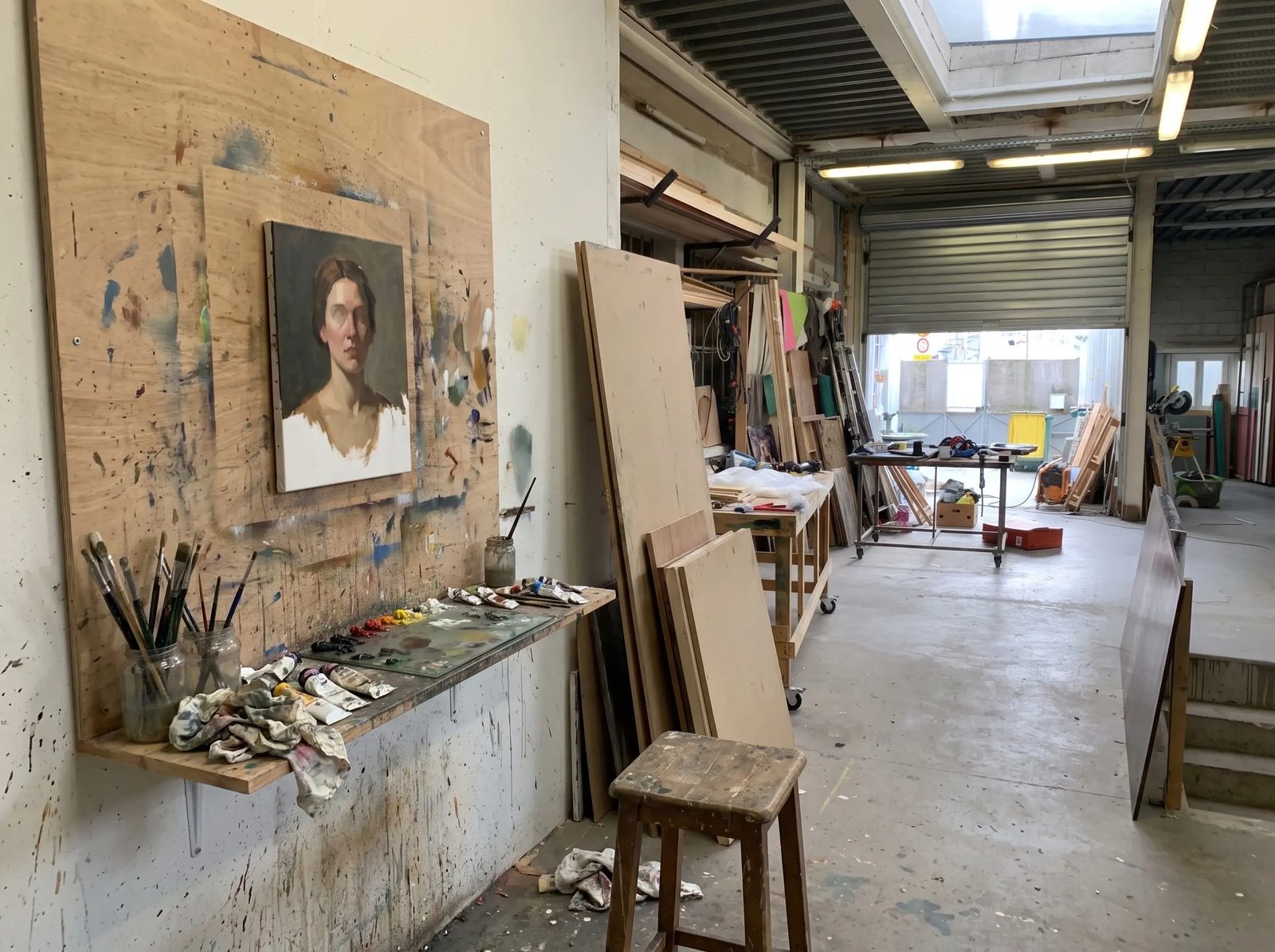 The Montreuil atelier: a portrait on its panel, the brushes and boards, the hall behind
