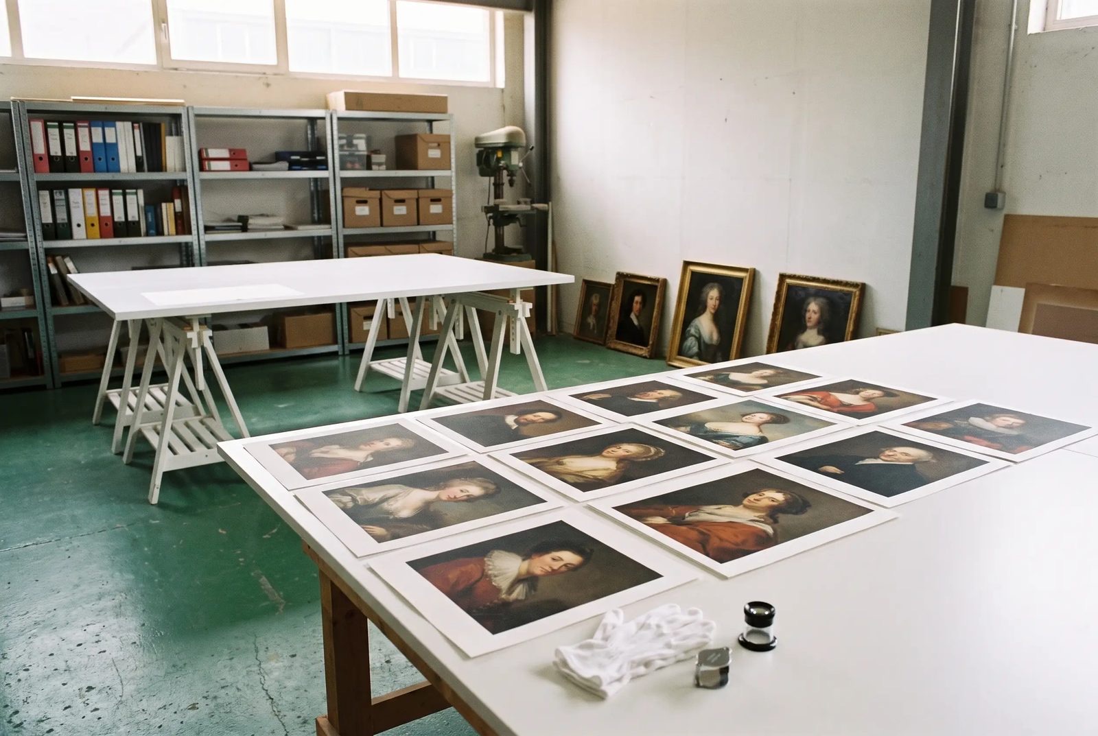 Museum-quality prints being checked in the atelier