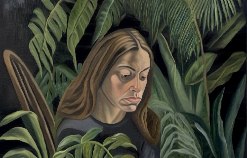 Fear of losing you, Jill Mulleady: a painted portrait among palm leaves
