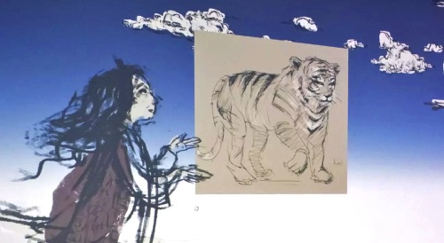 Sahab Museum, Hawaf Collective: an ink figure and a drawn tiger under clouds