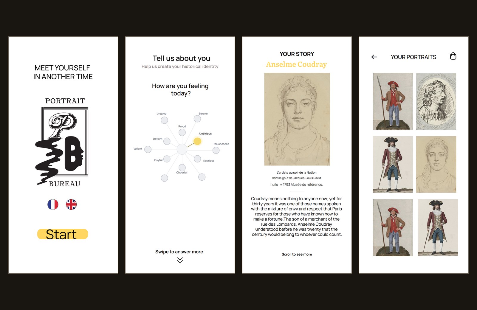 The online experience on a phone: opening, questions, your story, your portraits